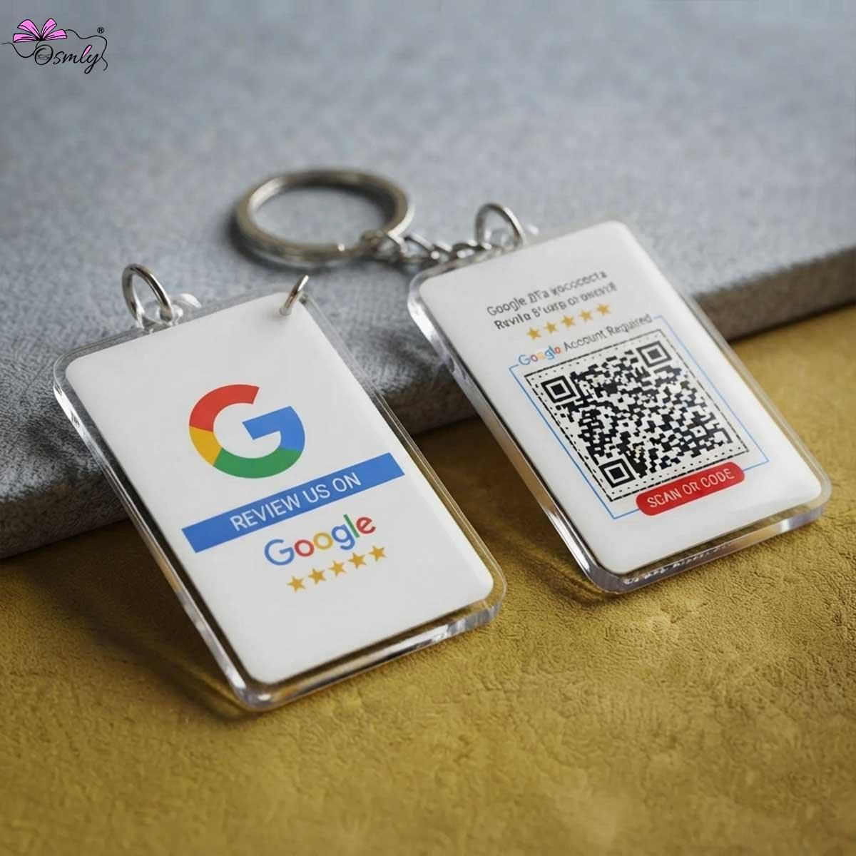 Acrylic Keychain with Google QR NFC code for business reviews and ratings.