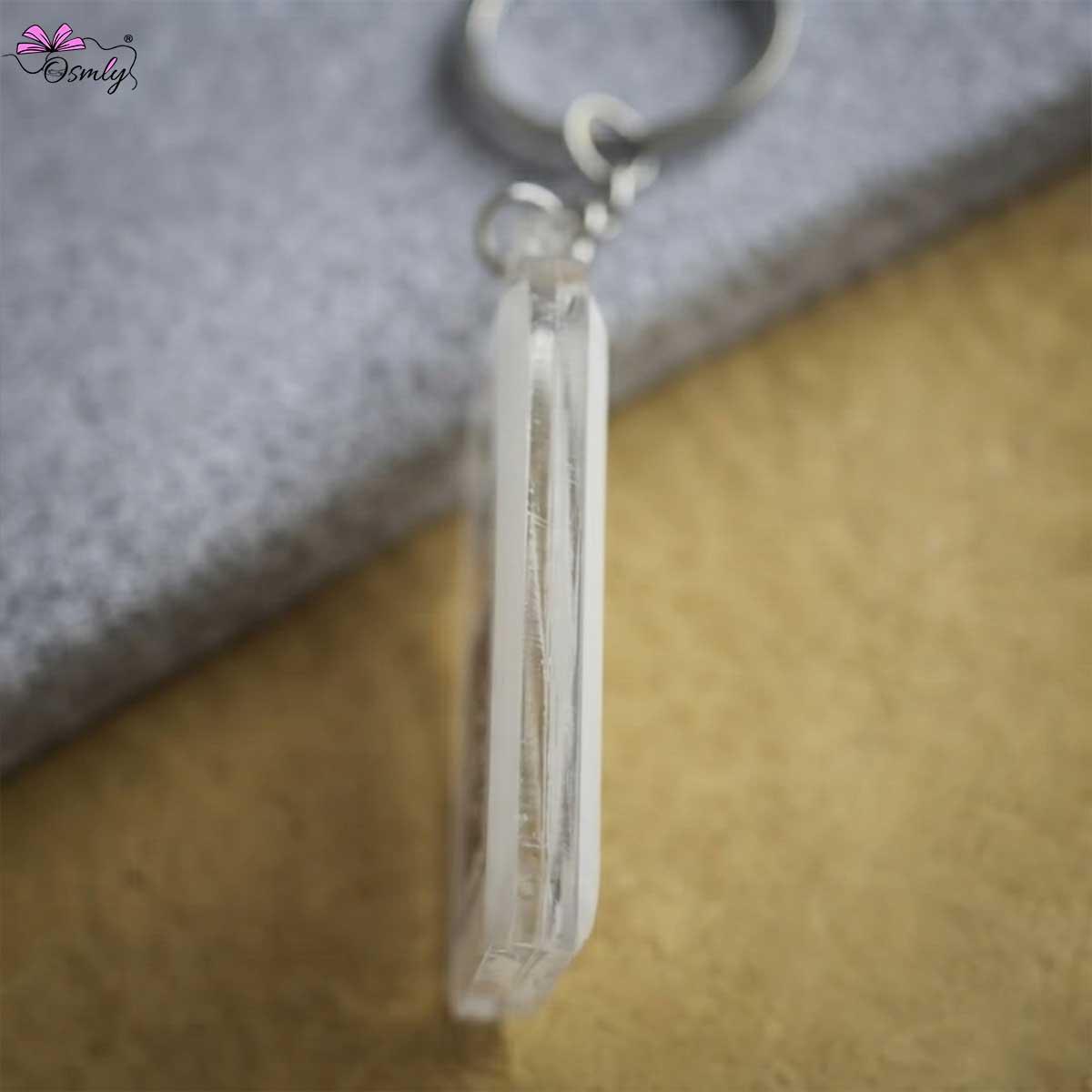 Clear acrylic Google QR NFC keychain with silver metal ring.