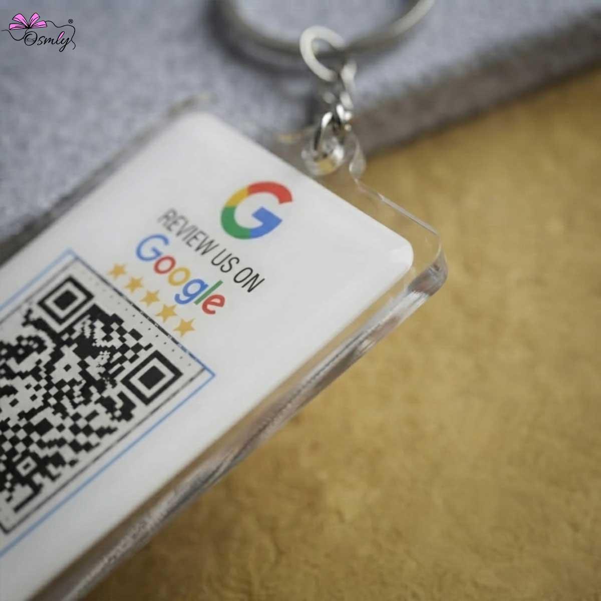 Acrylic Google QR NFC keychain for customer reviews with star rating and QR code.