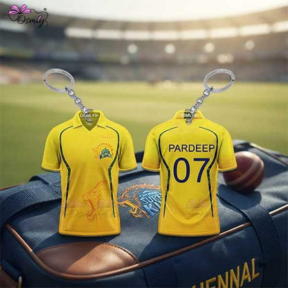 CSK Cricket Jersey Keychain featuring yellow jersey design with Pardeep 07 on back.